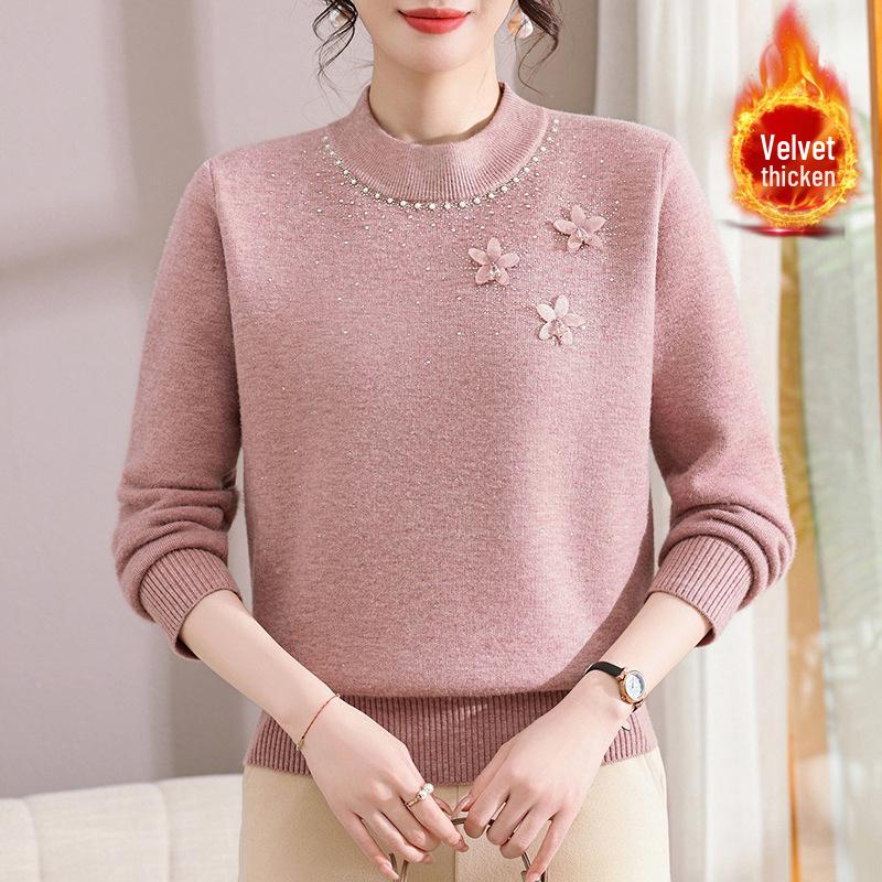 Mom's Winter Knit Sweater with Velvet Lining, Perfect for Middle-Aged & Elderly Women, Cozy 60+ Base Layer Top