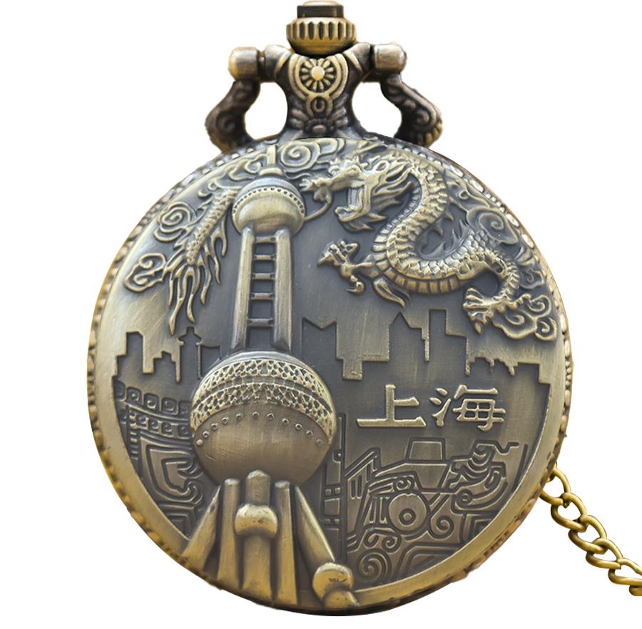 

Vintage Bronze Steampunk Shanghai Attractions Carved Quartz Pocket Watch Necklace Pendant Clock Chain Men Women Chain Gift бронзовый