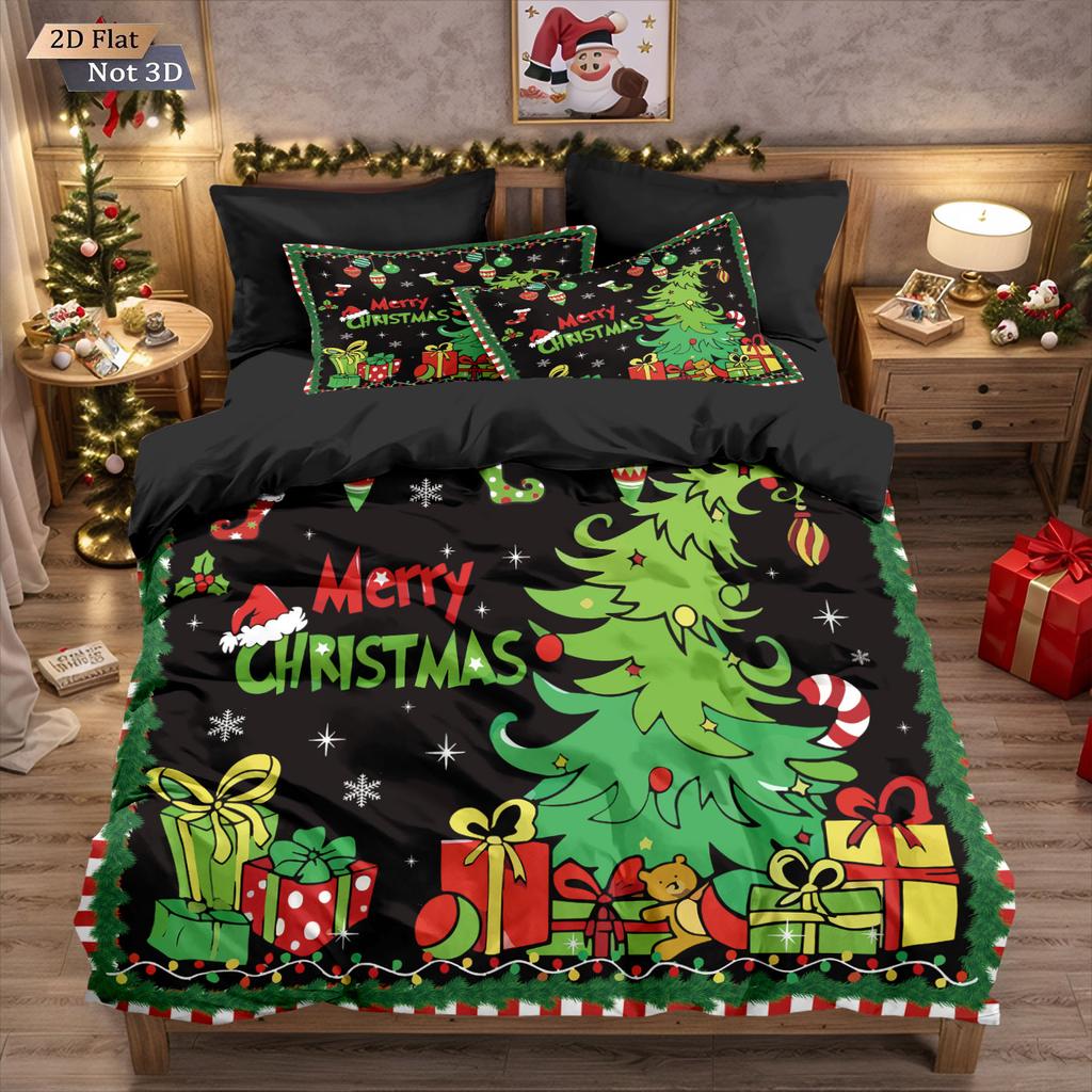 3pcs cartoon Christmas tree HO element print coreless duvet cover set multi size bedroom holiday bedding decoration