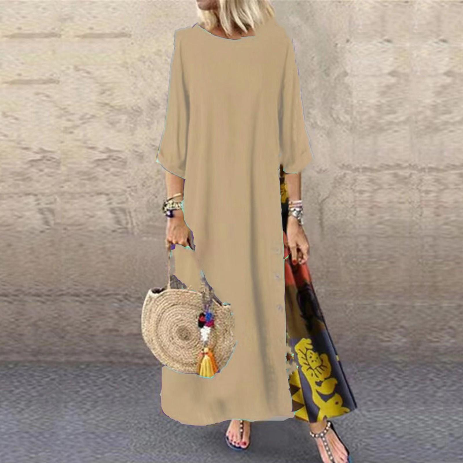 

Женское винтажное платье с круглым вырезом и цветочным принтом на пуговицах и в стиле пэчворк, с рукавами 3/4 XXL хаки