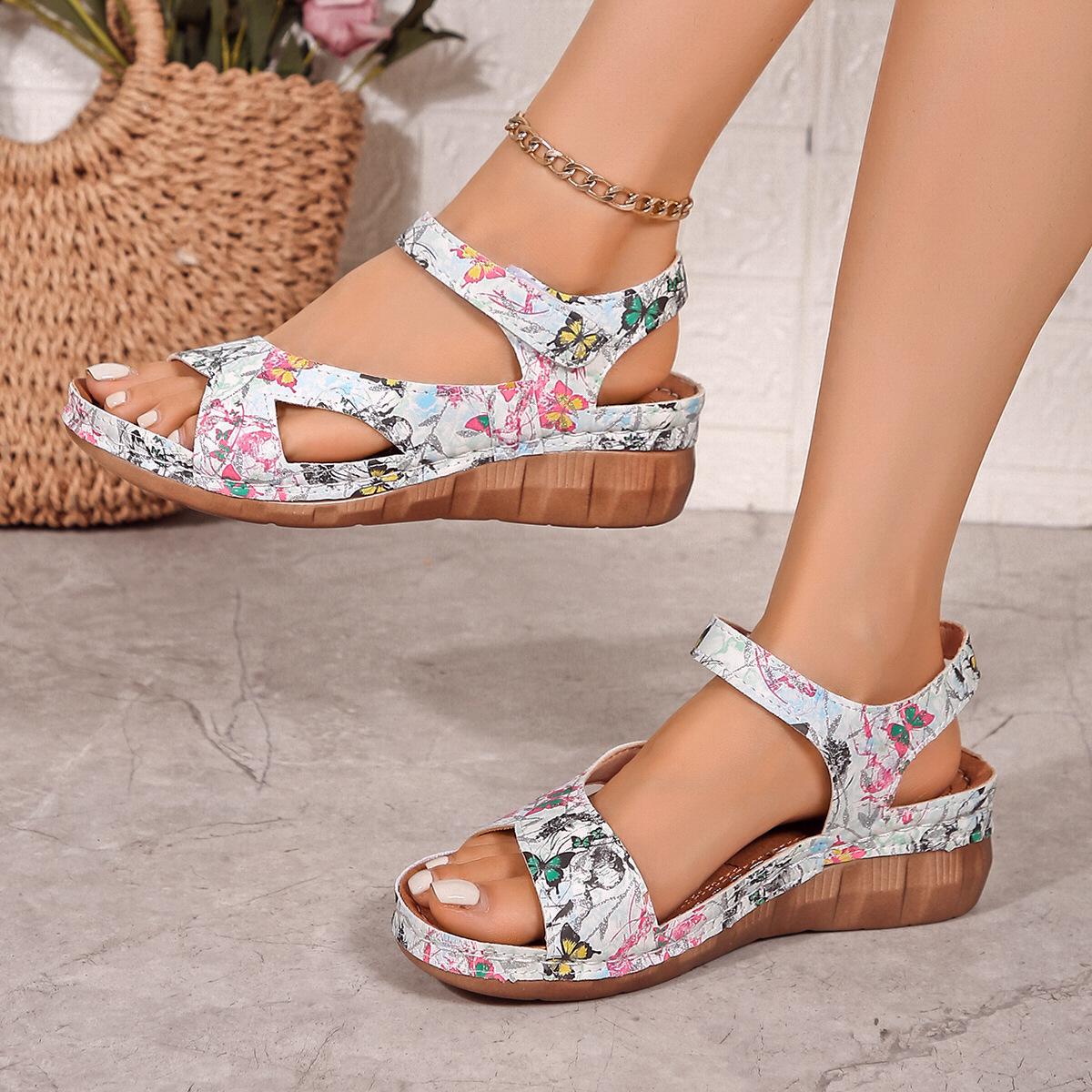 

2025 Летние женские сандалии на липучке с каблуком-рыбьим ртом и толстой подошвой, женские сандалии большого размера 43 разноцветный