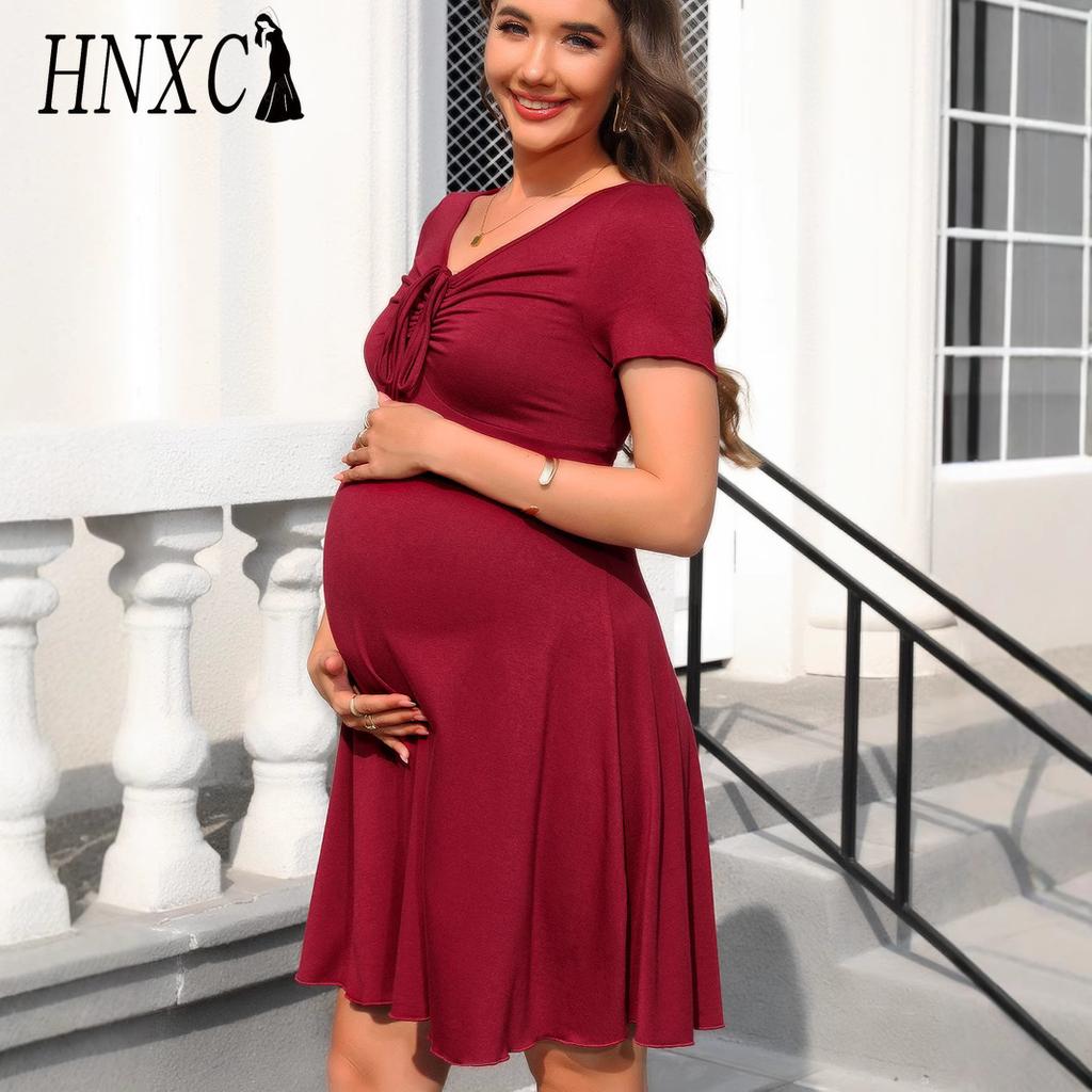 HNXC Kleid für Schwangere: V-Ausschnitt Kurzarm Weit schwingendes Kleid mit Kordelzug-Verzierung auf der Brust