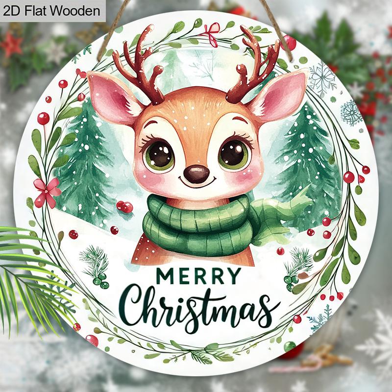 Christmas Wooden Sign with Adorable Elk Pattern - Merry Christmas Round Sign for Front Door, Wall Hanging Decor - Ideal Christmas Ornament