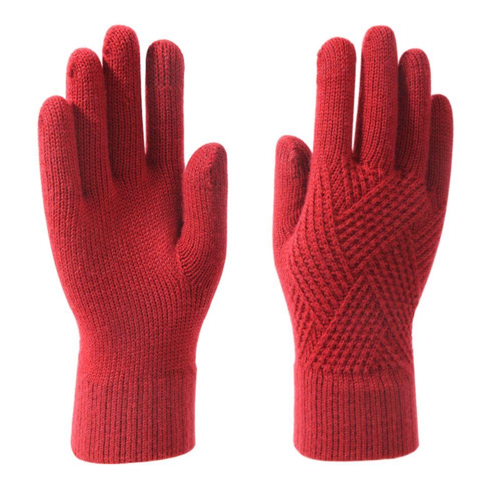 Touchscreen Design Warm Knitted Gloves Plus Velvet Windproof Full Finger Gloves Solid Color Thicken Cycling Gloves