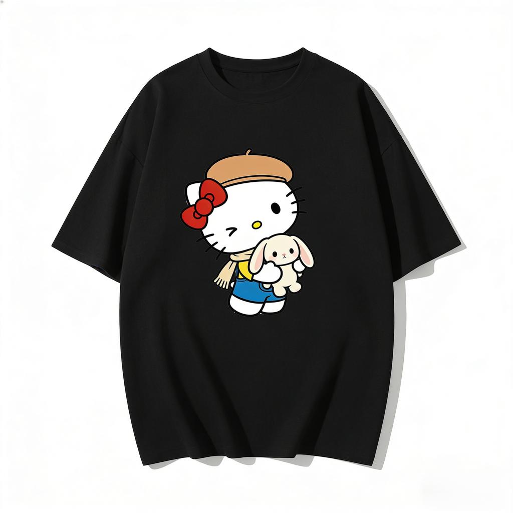 2026 Summer Hello Kitty Cartoon Printed Short Sleeve Pure Cotton Tshirts Womens Family Matching Outfits Harajuku Y2k Tops Tee