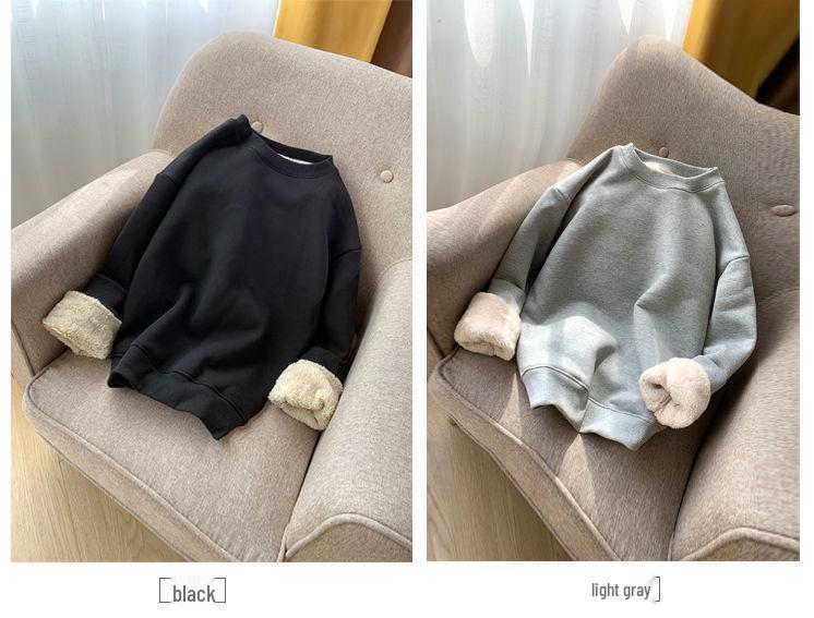 Women's Loose Lambswool Sweatshirt - Korean Style Casual Plus Velvet Thick Top for Autumn/Winter 2023.
