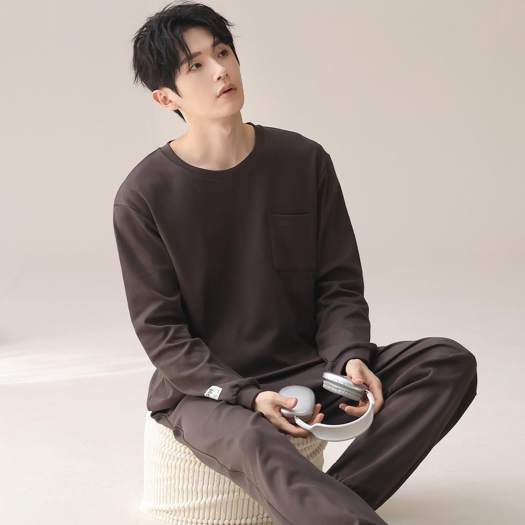 Pajamas men's spring and autumn pure cotton long-sleeved loungewear universal in all seasons, solid color, high-end sense, large size can 