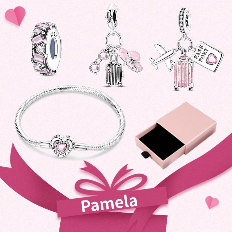 Pink Heart Charm Set 925 Original Silver Charms Bracelet With Gift Box For Women Wedding Anniversary Jewelry Gift 4pcs/lot