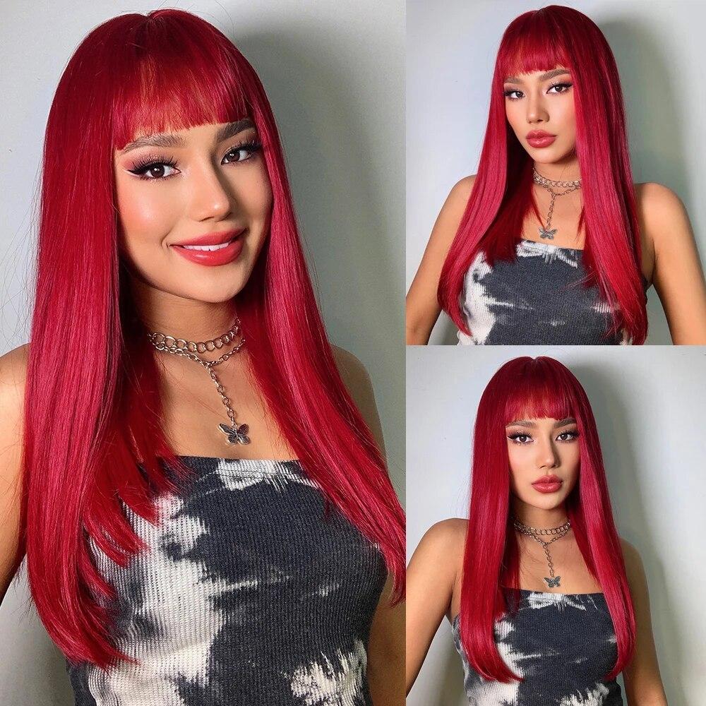 ALAN EATON Długie proste brązowe Ombre blond szare syntetyczne peruki z włosami z grzywką długie damskie peruki Darty codzienna peruka do cosplay peruki z włókna termoodpornego