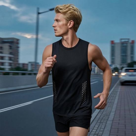 Men Vest Round Neck Sleeveless Breathable Holes Tank Tops Color Block Quick Drying Summer Ice Silk Camisole Fitness Training Activewear