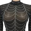 Europäische und amerikanische Mode Sexy Nachtclub Heißes Strass-Netz Durchsichtig Langärmeliges Kleid X5351