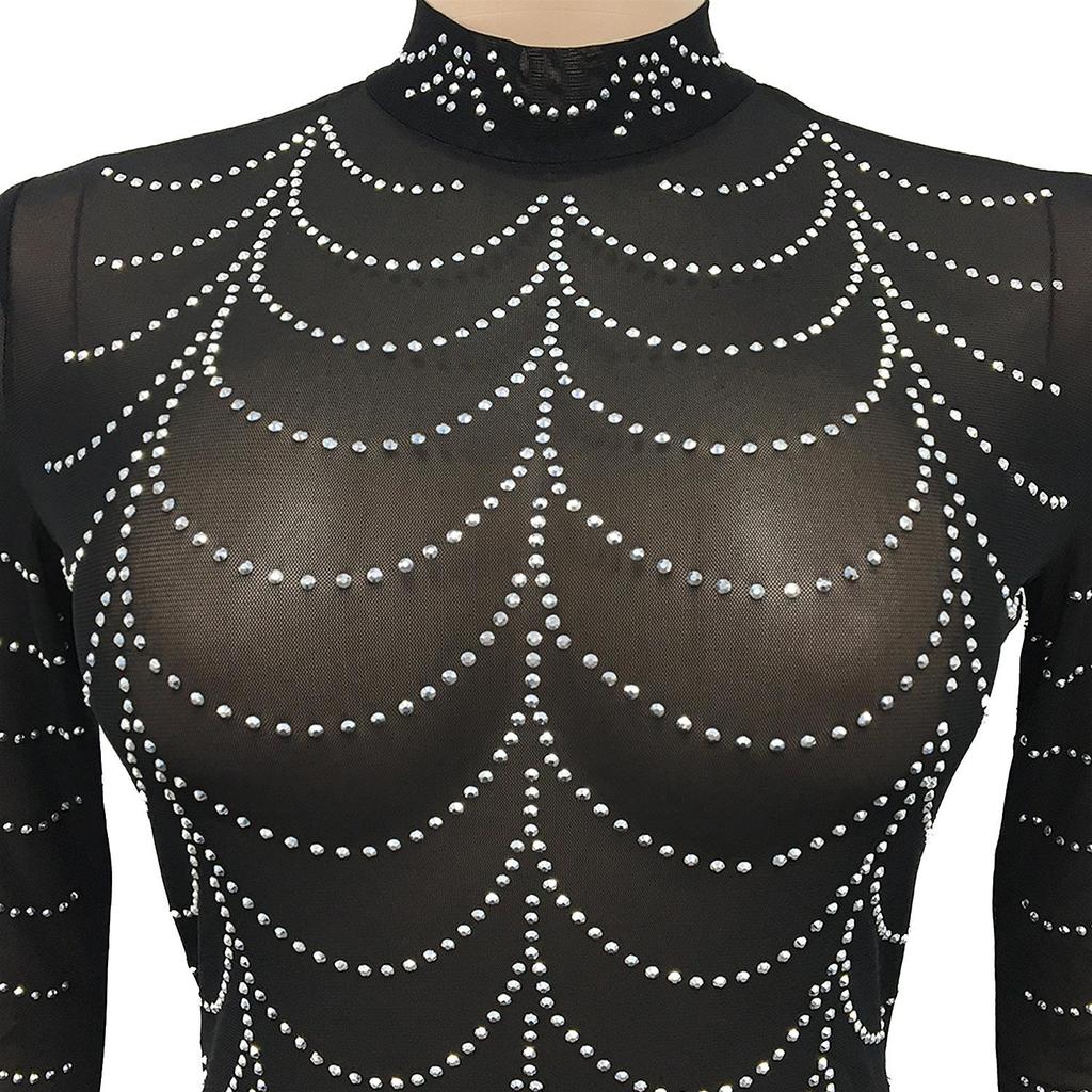 Europäische und amerikanische Mode Sexy Nachtclub Heißes Strass-Netz Durchsichtig Langärmeliges Kleid X5351