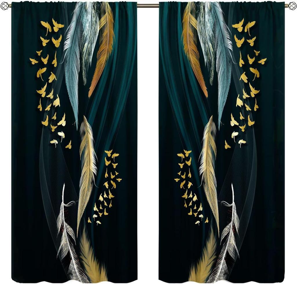 Colorful Dream Catcher Curtains Night Sky Stars Purple Feathers Curtain with Rod Pocket for Bedroom Living Room Decor Drapes