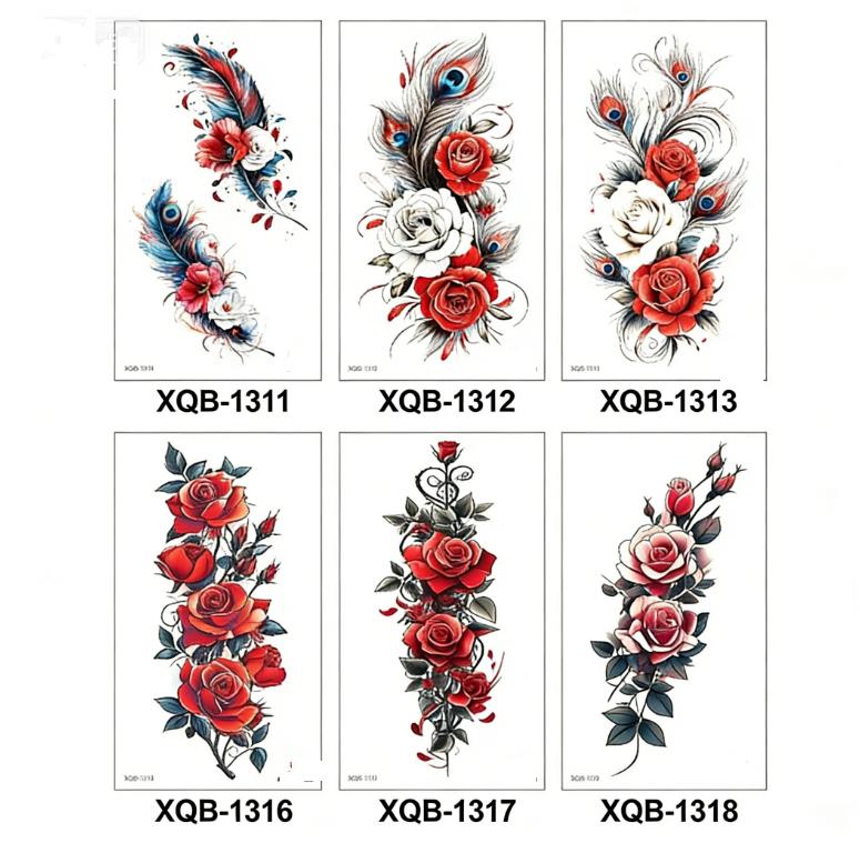 

Long Lasting Waterproof For Arm Shoulder Chest Aesthetic Romantic Half Sleeve Fake Tattoo Stickers Temporary Tattoos 6 Sheets For Women Body Art Home Style 2 червоний