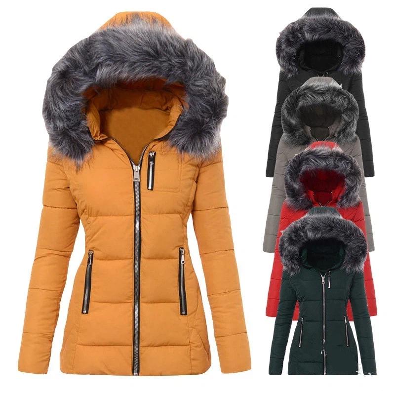 Damen Kapuzen Daunenmantel Kunstpelzkragen Reißverschluss Slim Fit Gepolsterte Jacke Winddicht Warm Winter Mittellang Oberbekleidung