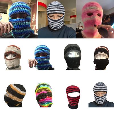 Knit Balaclava Hat for Students Adult Windproof Winter Hat Neck Protect Hat with Stripe Pattern Warm Cycling Hat