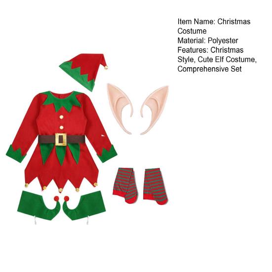 1 Set Christmas Elf Costume Kids Women Elf Outfit Red Green Dress Hat Striped Stockings Elf Ears Shoes Belt Set for Girls Christmas Parties Cosplay