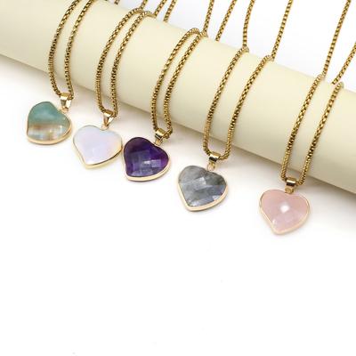 Women Necklace Natural Stone Labradorite/Amazonite Necklace Heart-Shaped Faceted Pendant For Women Birthday Gift Chain 60 CM