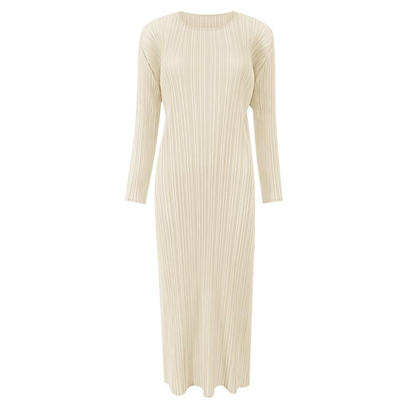 Miyake Dámské klasické šaty s dlouhým rukávem, slim fit, s rozparkem – středně dlouhé, jednobarevné, na jaro a podzim.