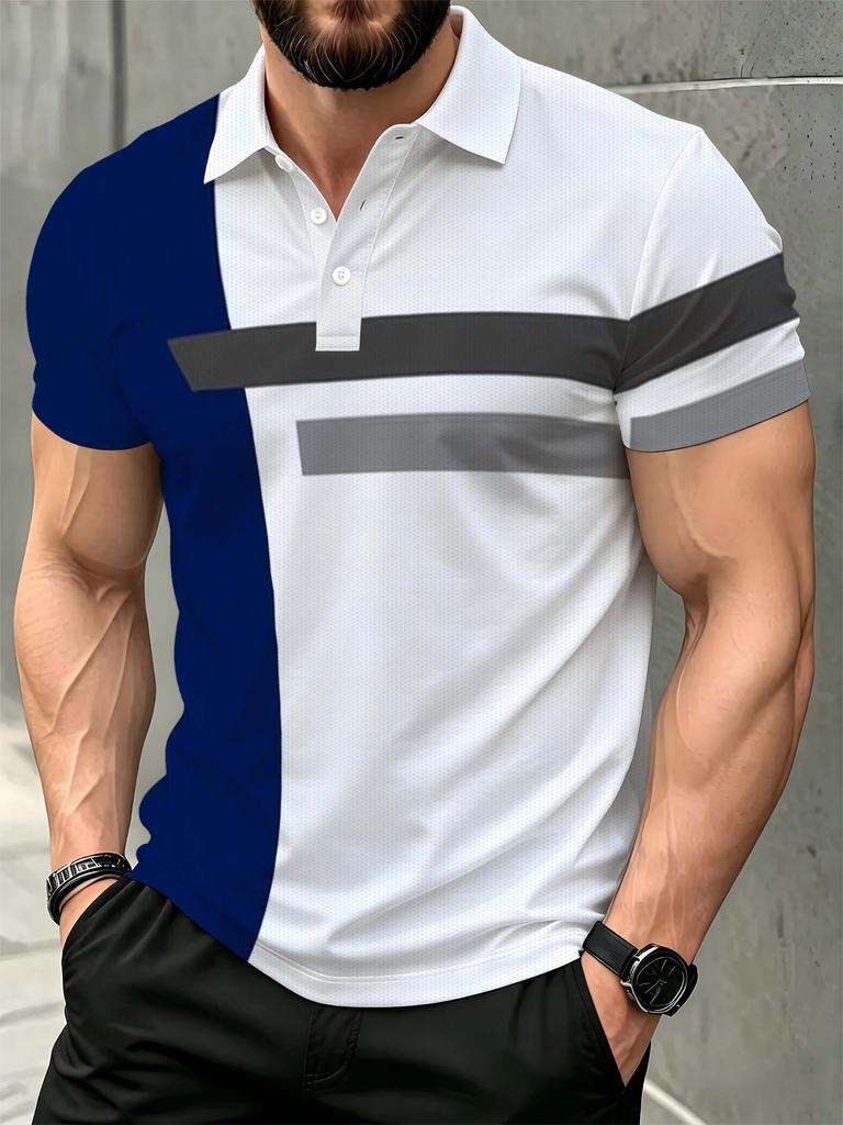 Men'S Outdoor Short Sleeve Polo Shirt, Multi-Size Available, Men'S Collared Polo, Striped Contrast Print Men'S Top, Slim Fit Suitable for Spring