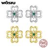 WOSTU 925 Sterling Silver Green Hollow Clover Stud Earrings for Women Lovely Jewelry Gift 18K Gold Simple Wedding Ear Studs Gift