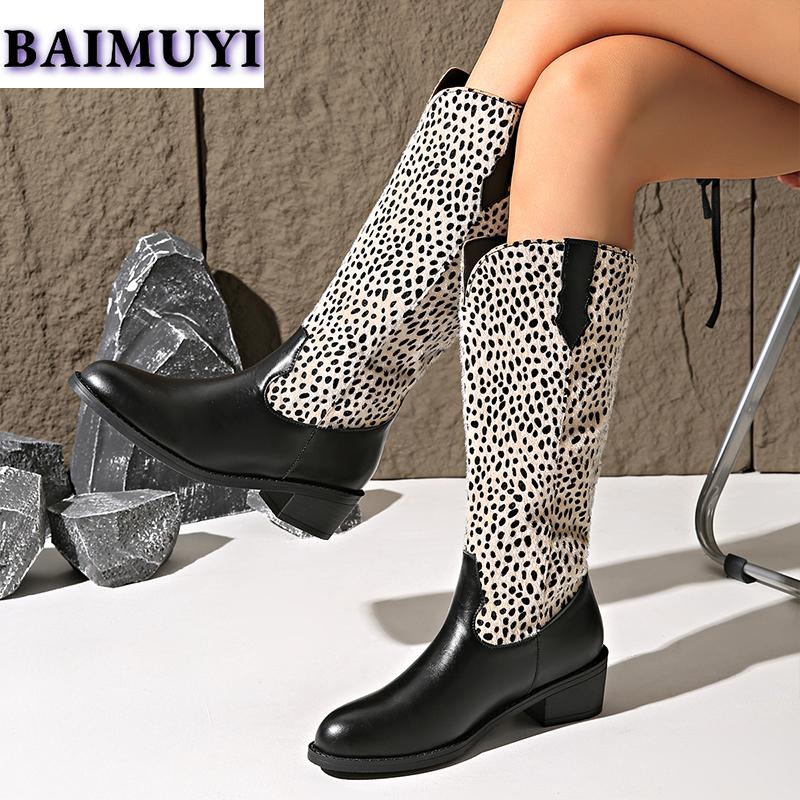 Fashion Leopard Mid Heels Women Shoes Mid-calf Boots 2025 Trend Designer Gladiator Chunky Western Boots New Pumps Chelsea Botas Mujer