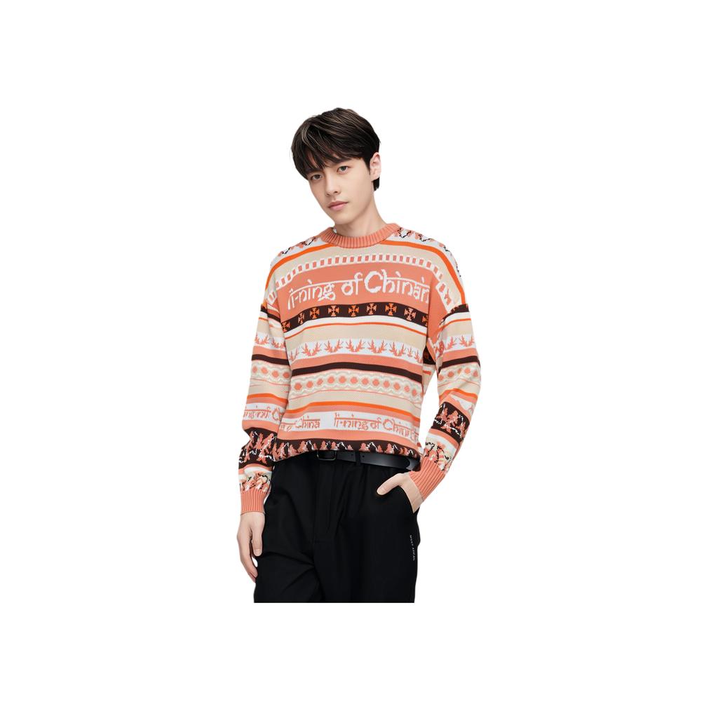 Li Ning All Over Letter Print Loose Fit Pullover Long Sleeve Knit Sweater Unisex Sweater Sunset-Orange AMBT129-2