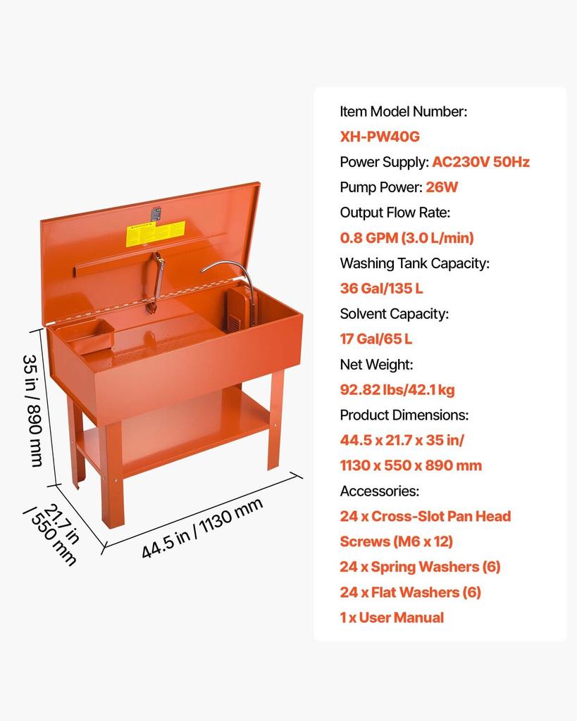 Parts Washer 151L Tank, 65L Solvent Capacity, 3L Per Minute Max Pump Output, Heavy Duty Steel Cabinet Electric Pump Automotive Parts Washer Cleaner