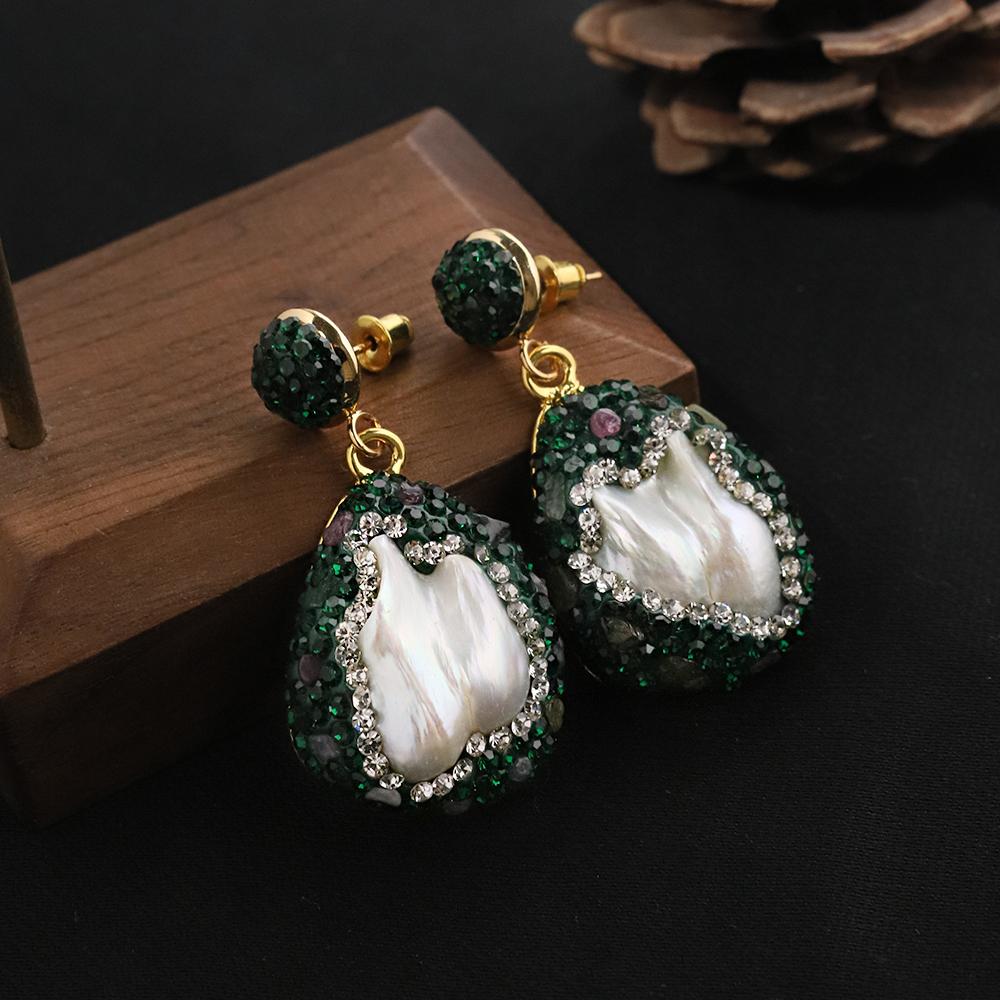 Natural Baroque Pearl Inlaid Zircon Green Earrings for Women Luxury Vintage Fashion Jewelry Stud Earrings GE1602