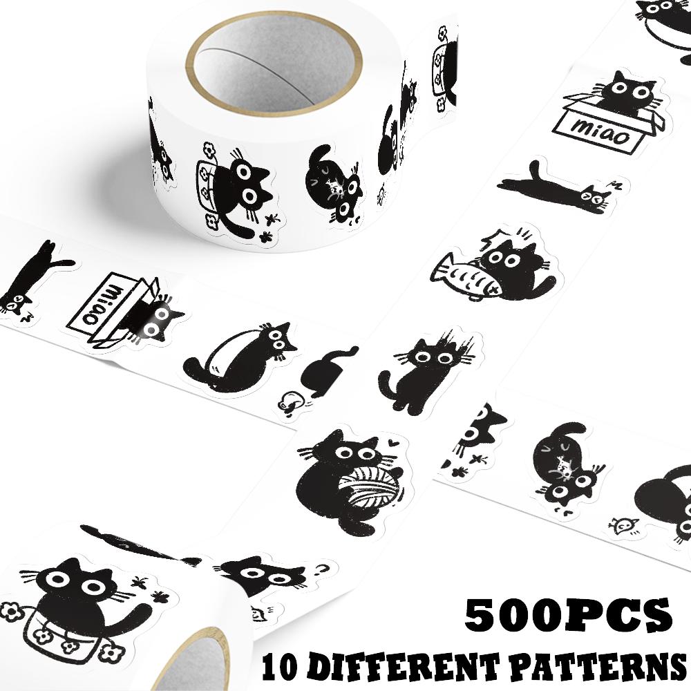 500pcs cartoon black cat roll roll stickers laptop scrapbook diary decoration guitar helmet water cup DIY stickers