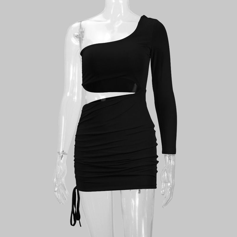 

Ruched Fashion One Shoulder Midriff Outfit Irregular Dress Black S