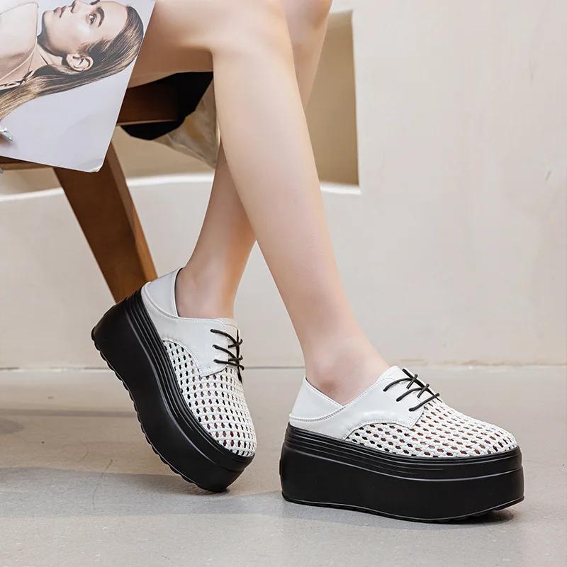 

8 см Натуральная кожа Круглый носок Босоножки на платформе Летние С вырезами Женская обувь Слипоны Удобные Женские Горячие На шнуровке Ремешок Zapatos Mujer 38 белый