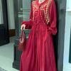 Vintage Long Sleeve Green Robe  Autumn New O Neck Embroidery Party Dresses Waist Drawstring Design Straight Clothing