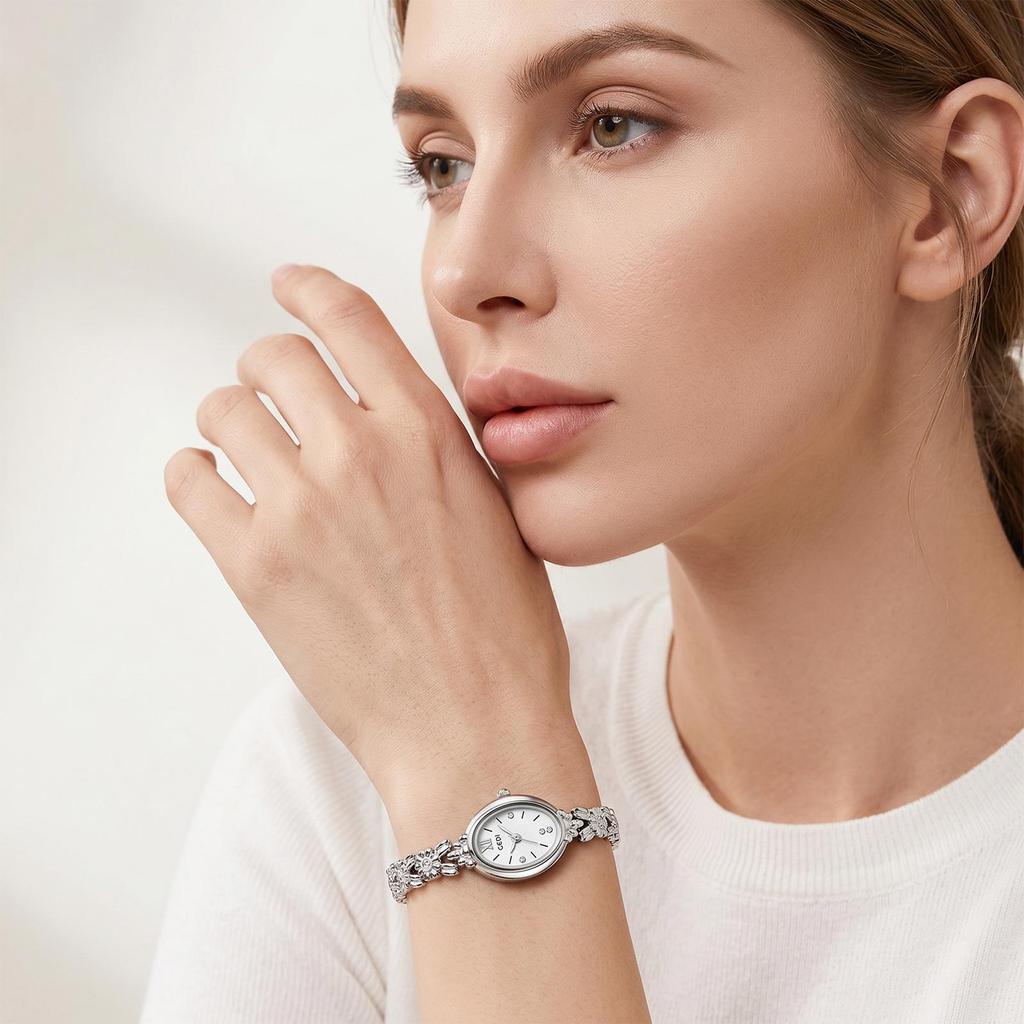 Gedi Damen Ovales Armbanduhr: Römische Ziffern & Diamant-Punkt-Zifferblatt, Blumiges Perlenarmband, Stahlband, Quarzwerk.