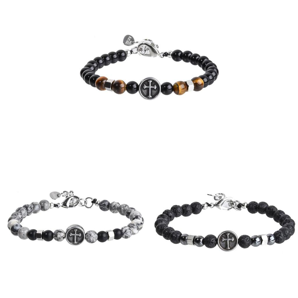 Stainless Steel Cross Mens Bracelet With Geometric Design And Volcanic Stones For Travel Gift