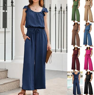 Damen ärmelloser Neckholder Jumpsuit mit Rüschen und weitem Bein, mit selbstbindendem Gürtel, einfarbig, lässiger Playsuit