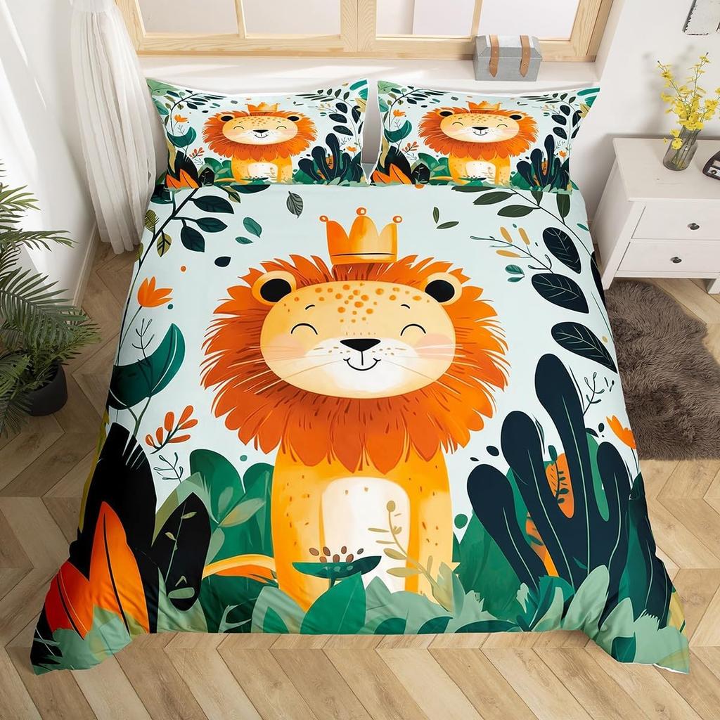 Cute Cartoon Animals Bedding Set TwinKawaii Elephant Lion Print Duvet Cover for Kids Boys Bedroom DecorBoho Trees Quilt Cover