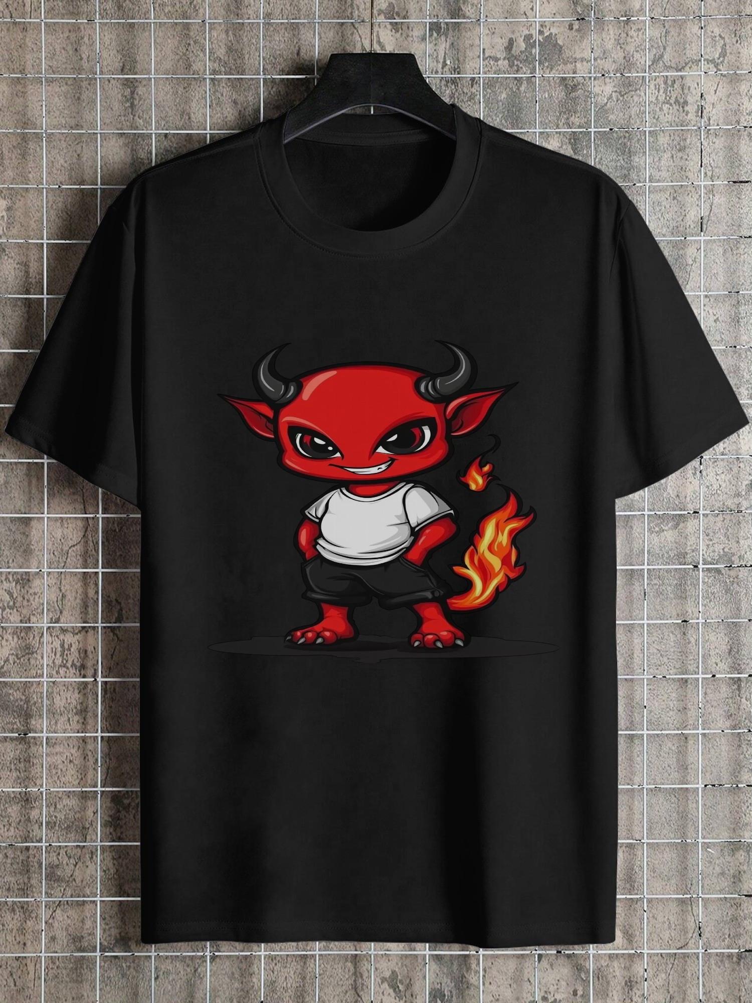 1pc Devil Cartoon Character Graphic T-shirt - Cute Red & White Outline with Flames Design XL