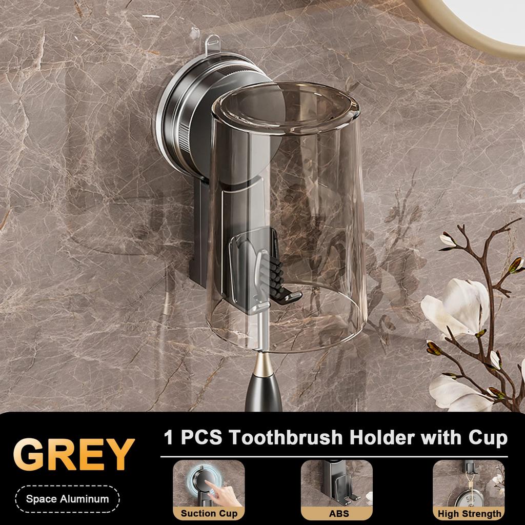 Držák na zubní kartáčky s přísavkou a dávkovačem, police do koupelny bez perforace, kelímek na ústní vodu, držák na zubní kartáčky, dezinfekční prostředek na zubní kartáčky