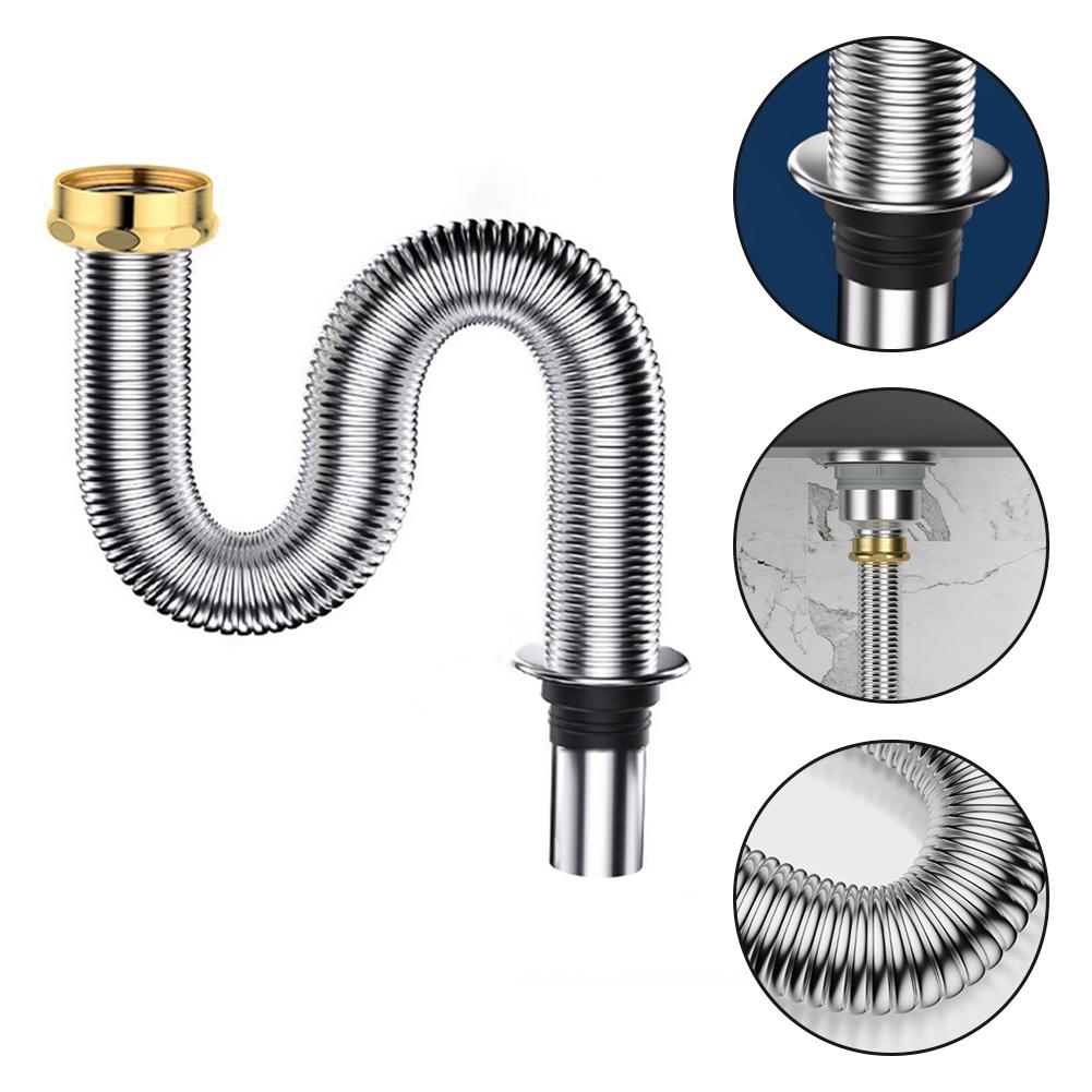 Basin Drainage Pipe Bathroom Drain Pipe 80/100cm Stainless Steel Kitchen Sink Drain Pipe Siphon Waste Drain Flexible Pipe Hose