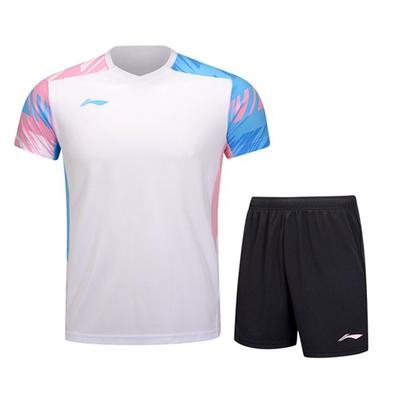 Li Ning Badminton Serie Farbblock Print V-Ausschnitt Pullover Kurzarm T-Shirt Mittlere Taille Shorts Lässiges Sport Set Unisex Sport Set AATU023-1