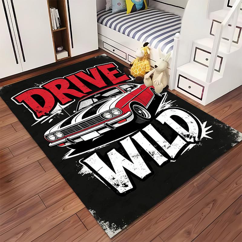"Drive Wild Car-Themed Carpet with Bold Text and Retro Design" Suitable for use as an anti-slip for living room bedroom sofas