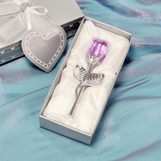 Faux Crystal Rose Flower Gift with Metal Stem Clear Flower Figurine with Gift Box