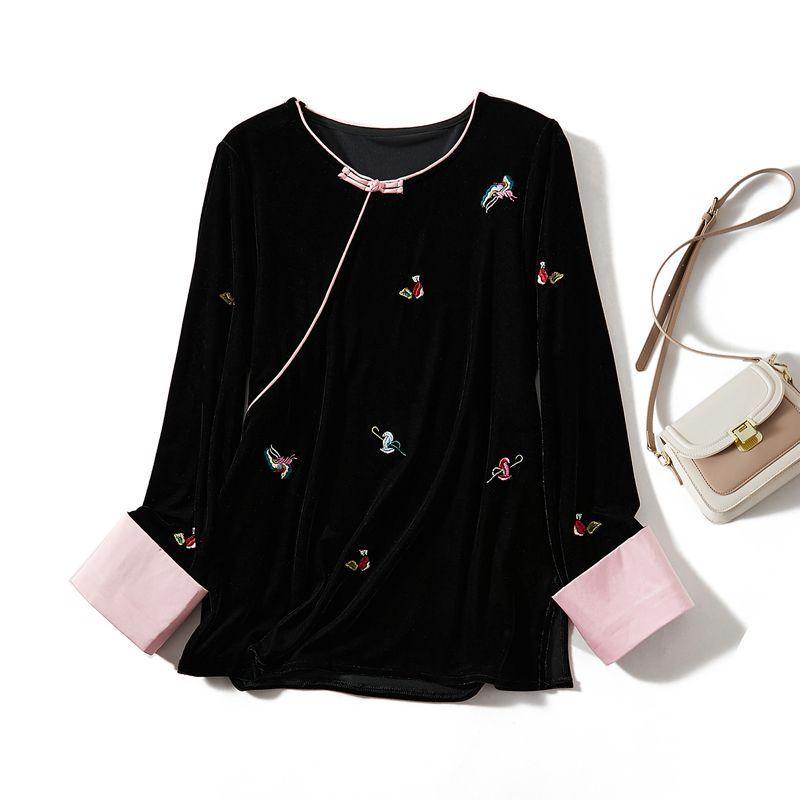 

Pink Large Rolled Sleeves Shirt! Youngrace Women s Long Sleeve Pullover Gold Velvet Embroidered Cartoon Element T-shirt Bandage Dress Tops Black L