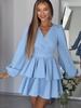 Elegant V-neck Lace-up Waist-cinching Long-sleeve Women's Shirt Dress