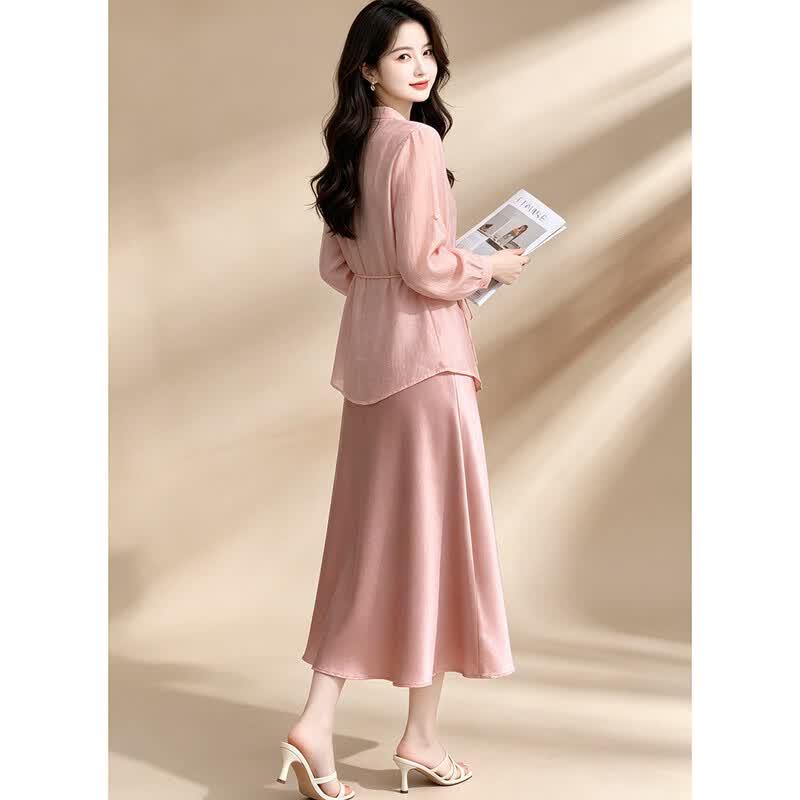 New Chinese Style Pan-Buckle Stand-Collar Shirt & Skirt Two-Piece Set