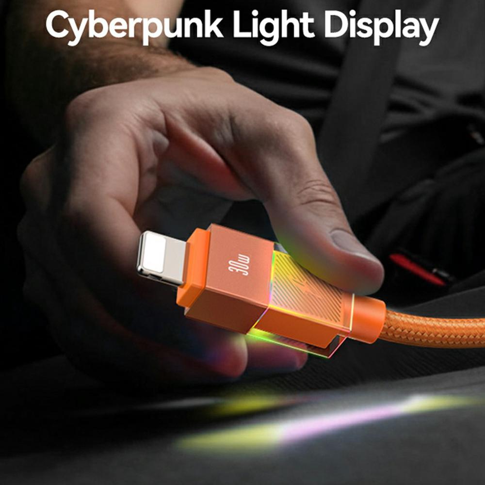 USAMS SJ776 U93 1.2m 30W Fast Charging Braided Cable Type-C to Lightning Data Cord with LED Light