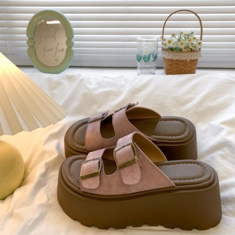 

Платформенные тапочки Женская мода Круглый носок Открытый носок Замша Металлическая пряжка Противоскользящие Износостойкие Сандалии на танкетке 40 розовый