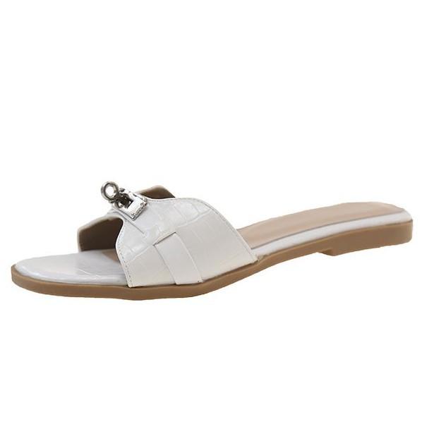 High-end Crocodile Pattern White High-heeled Cool Slippers Women's 2025 Spring and Summer Open-toed Small Gold Buckle One-word Thick-heeled Sandals