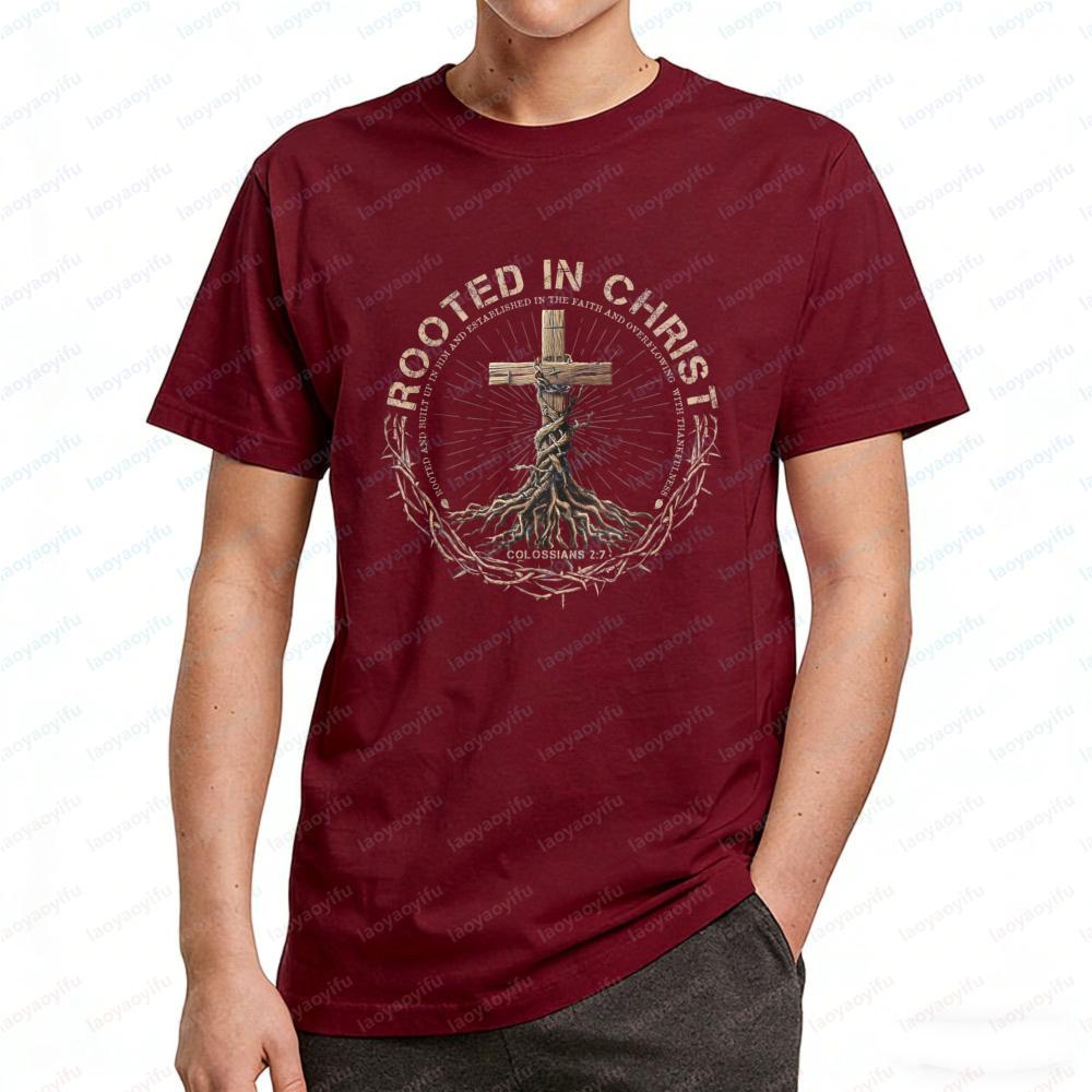Rooted in Christ Colossians 2:7 T-shirts for Men Vintage Christian Cross Graphic Cotton Tee Believer Vintage Classic Trend Tops S разноцветный